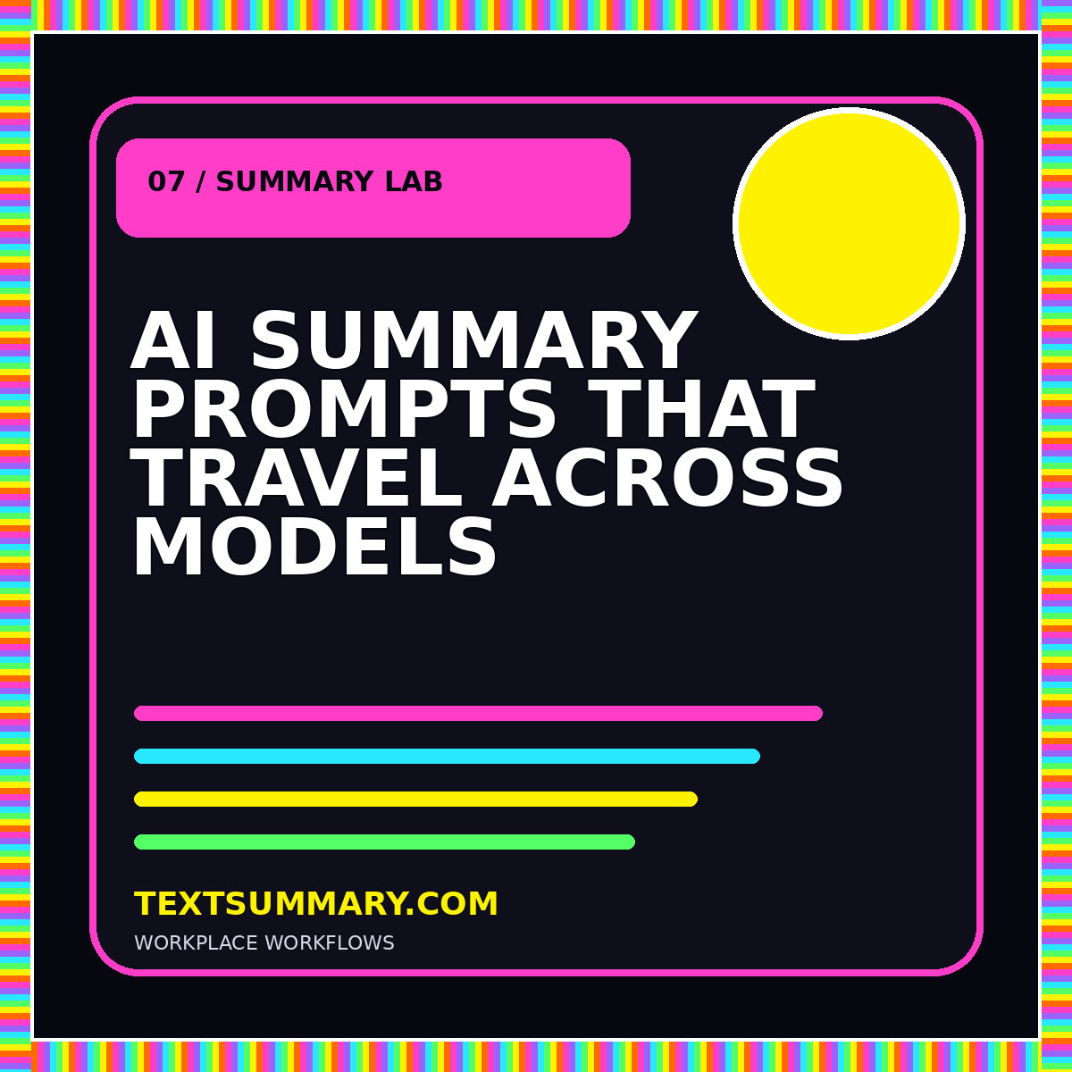 Neon typography card reading AI Summary Prompts That Travel Across Models