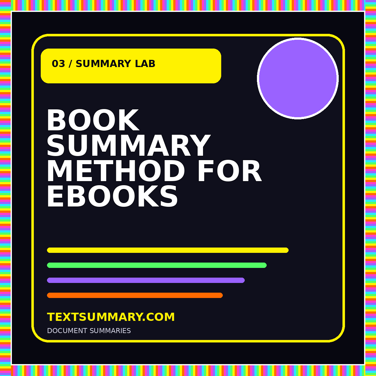 Neon typography card reading Book Summary Method for Ebooks