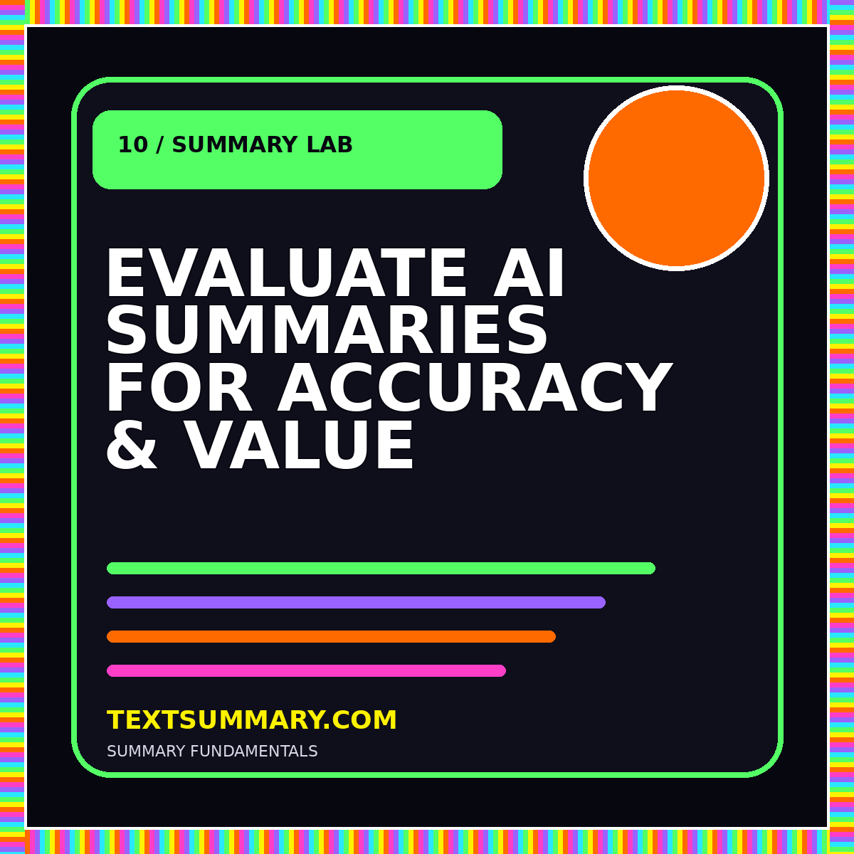 Neon typography card reading Evaluate AI Summaries for Accuracy and Value