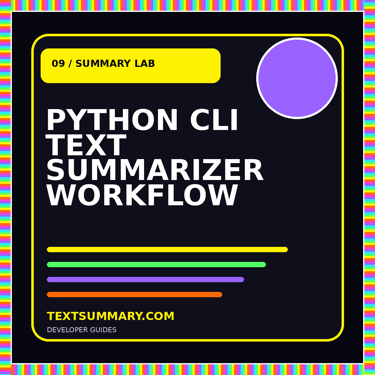 Neon typography card reading Python CLI Text Summarizer Workflow