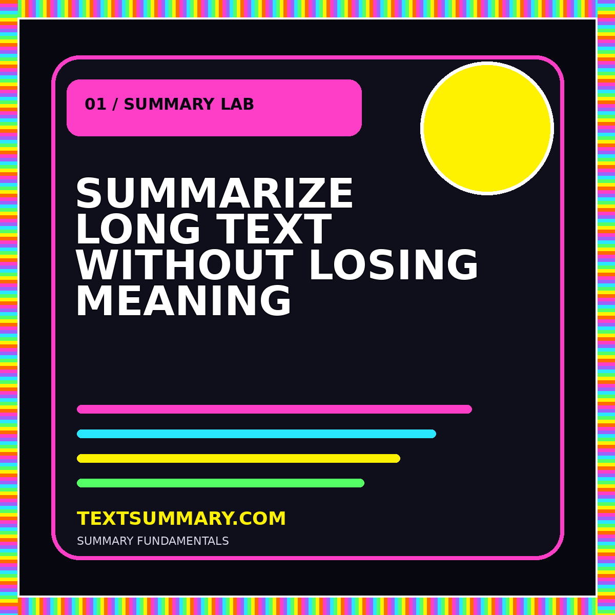 Neon typography card reading Summarize Long Text Without Losing Meaning