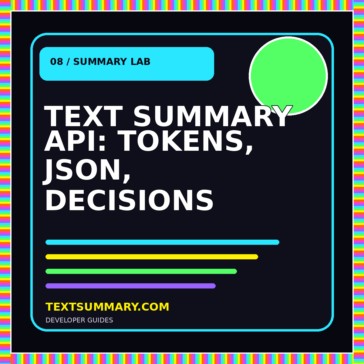 Neon typography card reading Text Summary API Tokens JSON Decisions