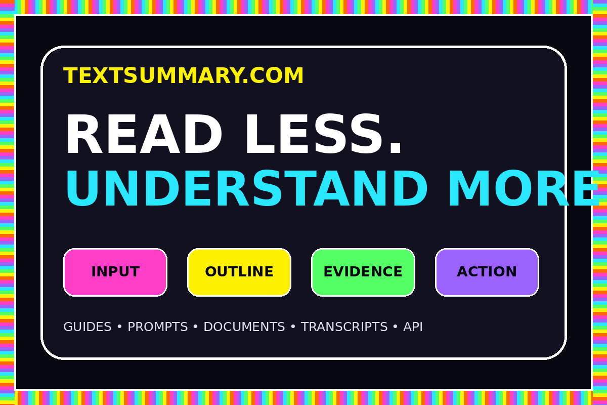 TextSummary.com workflow from input to outline, evidence, and action
